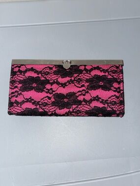 Amici Accessories Pink and black lace clutch with silver hardware